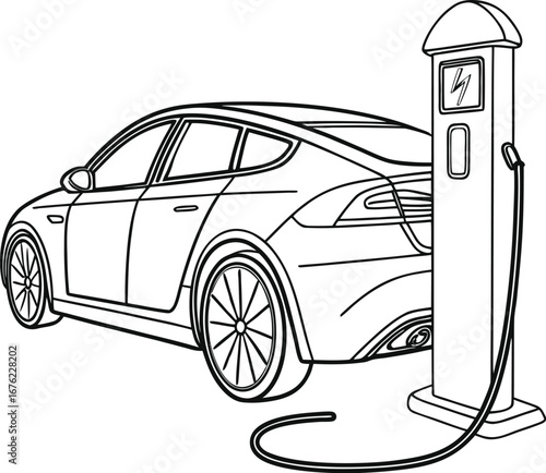 Electric car charging at a station in a minimal line art style. Eco-friendly transportation illustration for sustainable energy concepts. Perfect for automotive and green technology themes.