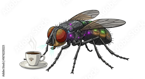 Futuristic cybernetic fly sipping coffee in digital art style