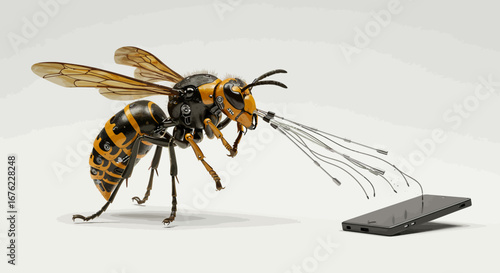 3d robotic bee interacting with smartphone: futuristic technology concept