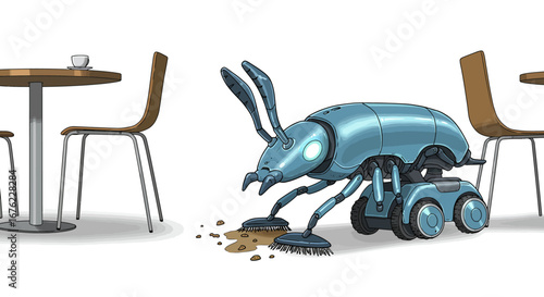 Futuristic cleaning robot in a café setting with modern design