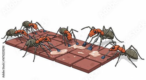 Ants gathering on tiled surface with liquid in stylized cartoon art