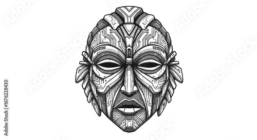 Intricate cybernetic mask design with ethnic influences and futuristic patterns