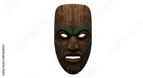 Futuristic tribal mask with circuit pattern on dark wood background