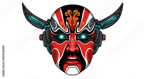 Futuristic robotic oni mask with glowing eyes and horns