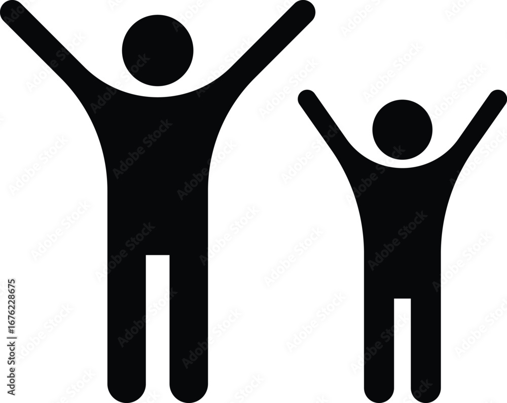 Fototapeta premium Black Silhouette of Happy Adult and Child Raising Arms in Celebration Icon. Father and Son Joy, Success, Family, Freedom, Achievement Vector on Transparent Background.