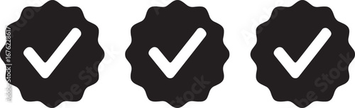 Three Black Verified Checkmark Badges in a Row on White Background symbol icon