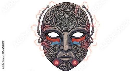 Cyber celtic mask with intricate patterns and futuristic elements