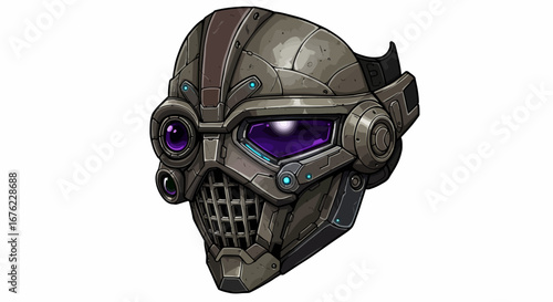 Futuristic robotic helmet with purple accents and metallic finish