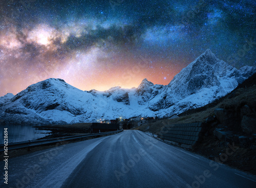 Bright Milky Way over road,...