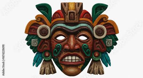 Colorful aztec-inspired mask with feathers and intricate details