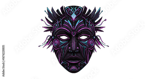 Neon tribal mask artwork with futuristic design elements