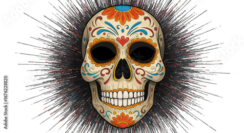 Colorful day of the dead skull with floral patterns and radiant background