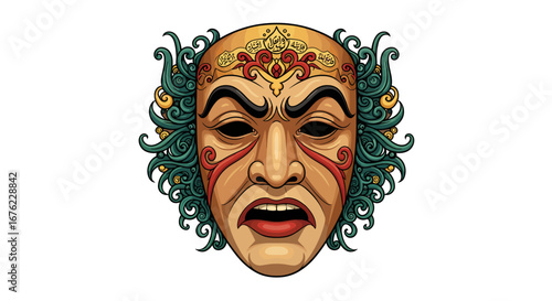 Intricate traditional mask with ornate detailed patterns and expressive facial features