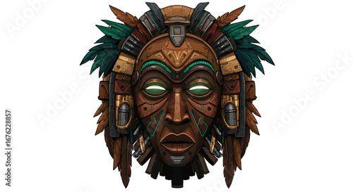 Intricate ethnic mask design with futuristic elements and glowing eyes