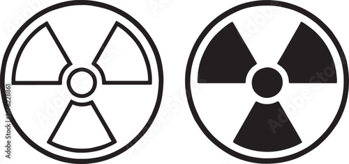 Two radiation hazard symbols one outlined and one solid black danger warning