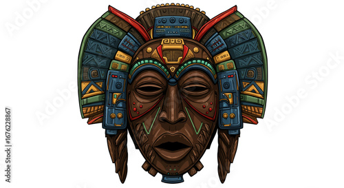 Intricate tribal mask with vibrant colors and detailed patterns