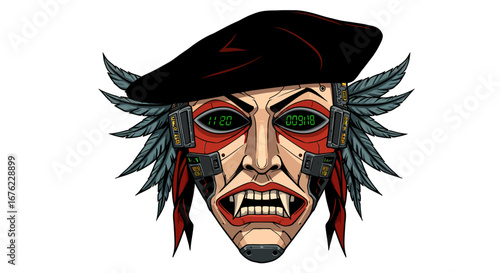 Futuristic cyberpunk tribal mask with digital display and beret