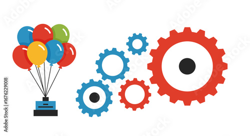 Colorful balloons and gears fusion representing innovation and creativity