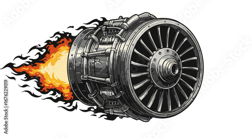 Jet engine with flames illustration showcasing mechanical power and dynamics