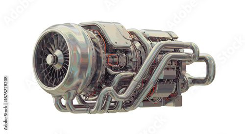 Futuristic jet engine turbine with metallic pipes and detailed circuitry design