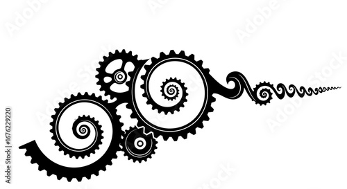 Intricate steampunk gear pattern with spirals on white background
