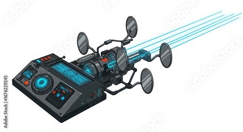 Futuristic laser device with advanced technology interface and satellite dish elements