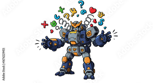 Colorful robot with floating symbols in playful cartoon style