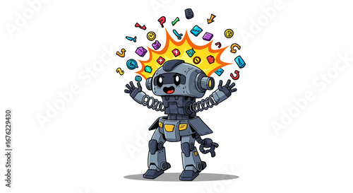 Cute cartoon robot surrounded by colorful exploding icons