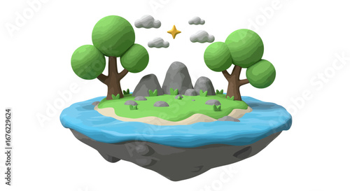 Floating island with trees and star in whimsical 3d design