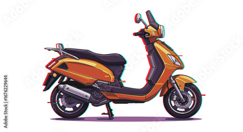 Modern 3d scooter design in vibrant orange with futuristic glitch effects
