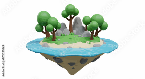3d floating island with trees and water surrounding a peaceful landscape