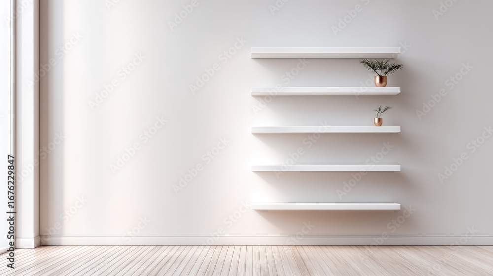 Fototapeta premium A minimalist interior featuring white shelves on a light wall, adorned with small potted plants, creating a calm and modern aesthetic.