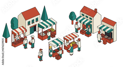 Isometric farmers market scene with vendors and shoppers among stalls and buildings