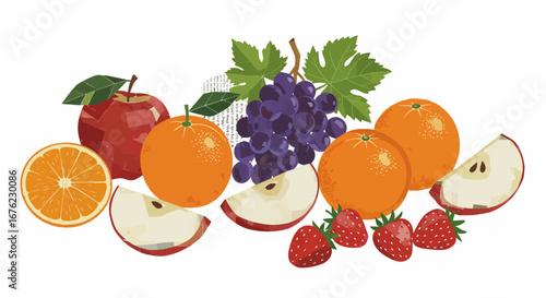 Vibrant fruit composition featuring oranges, apples, grapes, and strawberries