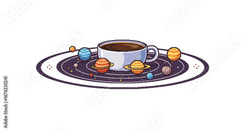 Pixel art coffee universe: planets orbiting a coffee cup in creative cosmic design