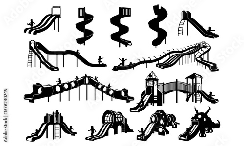 Playground slides silhouette, children playing, spiral slide, tunnel slide, outdoor park activities, fun kids play, recreation equipment, happy childhood, vector illustration design
