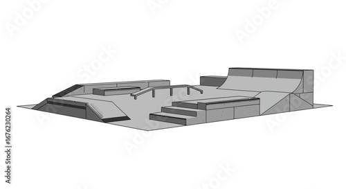Modern concrete skatepark design with ramps and rails in isometric style