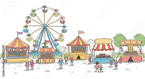 Colorful carnival scene with ferris wheel and food stalls in hand-drawn style