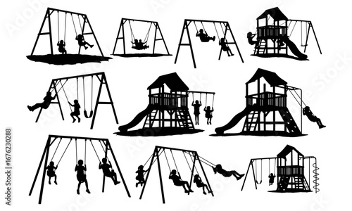 Children silhouette playing on swing set, kids outdoor playground fun, park recreation activity, childhood joy, happy friends, black vector illustration