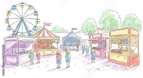 Hand drawn carnival scene with ferris wheel and colorful booths