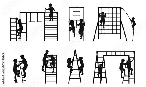 Children climbing playground ladders, kids outdoor play activity, playground climbing frame silhouettes, child exercise fun, teamwork adventure, fitness sport, active lifestyle illustration