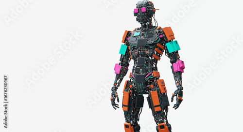 Futuristic robot design with exposed mechanical components in a 3d style
