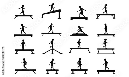 Children practicing balance beam, kids gymnastics training, child exercise silhouettes, fitness activity for kids, healthy lifestyle illustration, gym sport movement design