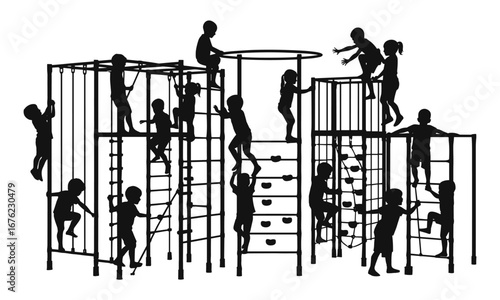 Children climbing playground equipment, kids outdoor activity, playground climbing structure, child exercise silhouettes, healthy lifestyle activity, gym sport design, teamwork playtime illustration