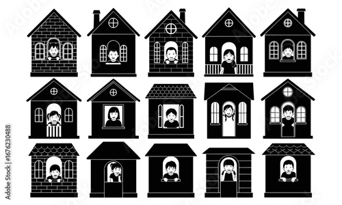 Children looking from house windows, family home silhouette illustration, happy kids inside houses, childhood concept design, neighborhood community living, residential architecture pattern