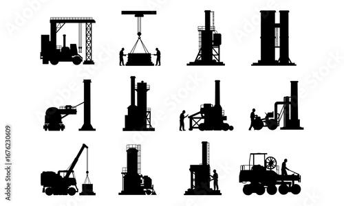 Industrial construction equipment, heavy machinery silhouettes, engineering tools, building machines, cranes, factory equipment, workers, construction site, vector illustration, 
