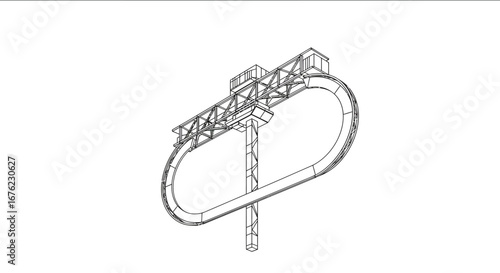 Monorail track blueprint with overpass and supports in linear style