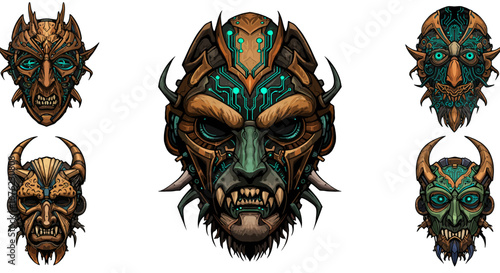 Cyber tribal masks with futuristic details and intricate patterns