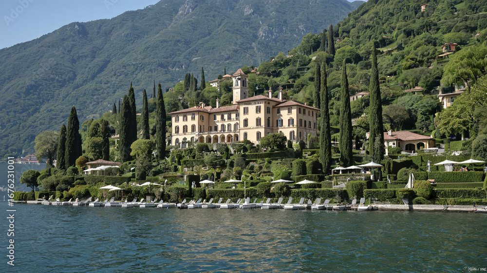 Fototapeta premium Lake Mansions Italian villas surrounded by serene waters and lush hills