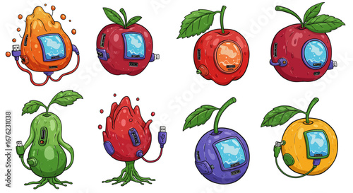 Futuristic fruit gadgets with usb ports and digital interfaces